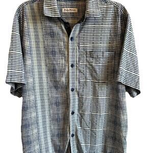 Tommy Bahama Hawaiian SILK Blend Shirt Mens Med Blue White Plaid Stripes Preppy